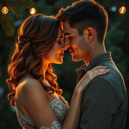 A beautiful romance book cover depicting a couple embracing with their faces close together, just moments away from sharing a kiss under a serene backdrop of pine trees