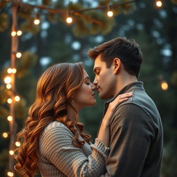 A beautiful romance book cover depicting a couple embracing with their faces close together, just moments away from sharing a kiss under a serene backdrop of pine trees