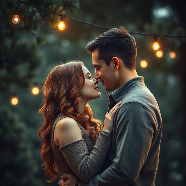 A beautiful romance book cover depicting a couple embracing with their faces close together, just moments away from sharing a kiss under a serene backdrop of pine trees