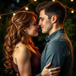 A beautiful romance book cover depicting a couple embracing with their faces close together, just moments away from sharing a kiss under a serene backdrop of pine trees