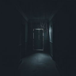 A dark and dusty foyer filled with an eerie ambiance, featuring cobwebs hanging from the ceiling and a creaking door at the far end