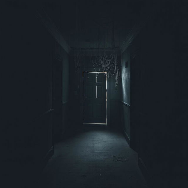 A dark and dusty foyer filled with an eerie ambiance, featuring cobwebs hanging from the ceiling and a creaking door at the far end