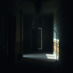 A dark and dusty foyer filled with an eerie ambiance, featuring cobwebs hanging from the ceiling and a creaking door at the far end