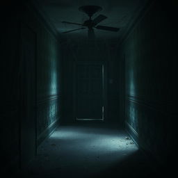 A dark and dusty foyer filled with an eerie ambiance, featuring cobwebs hanging from the ceiling and a creaking door at the far end