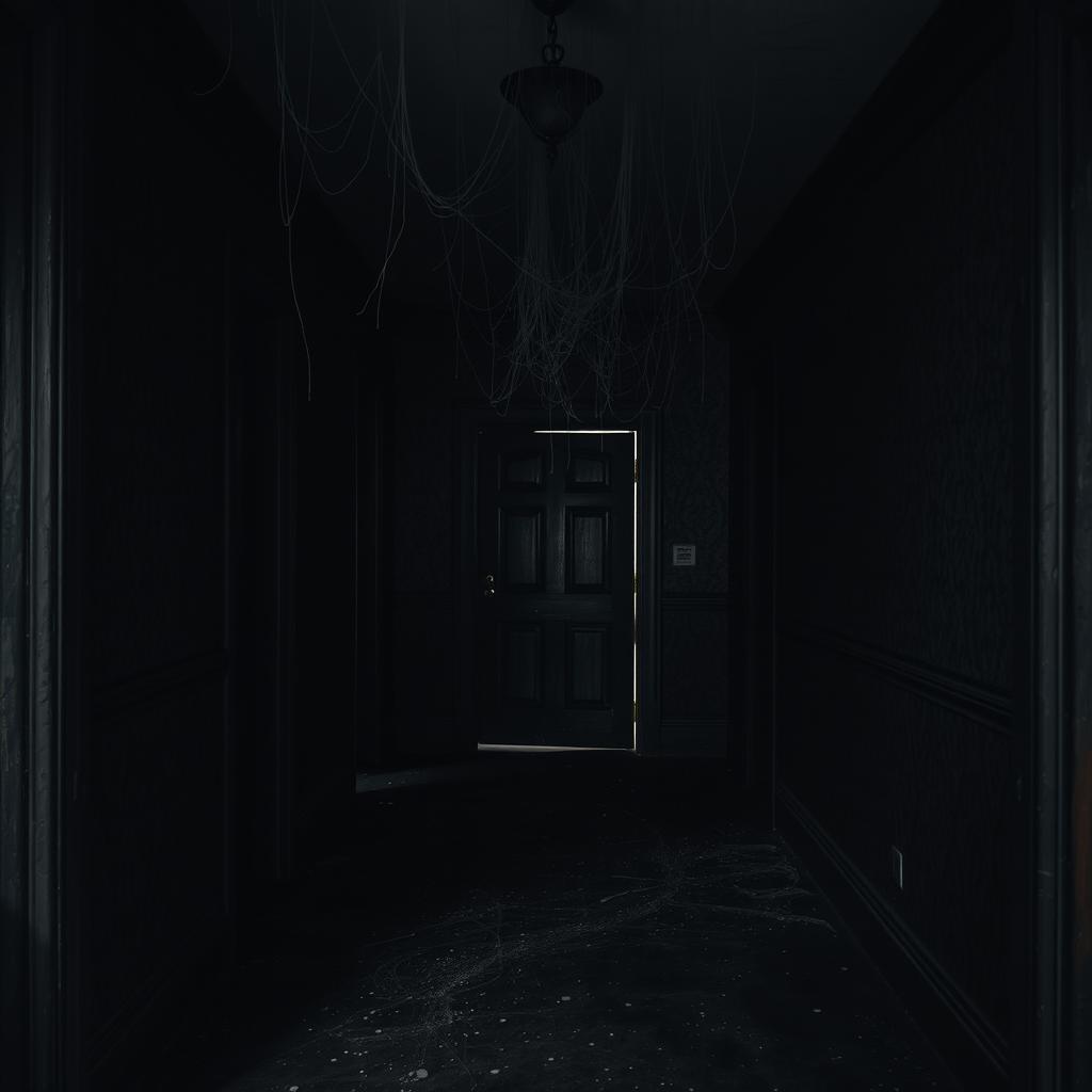 A dark and dusty foyer filled with an eerie ambiance, featuring cobwebs hanging from the ceiling and a creaking door at the far end