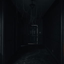 A dark and dusty foyer filled with an eerie ambiance, featuring cobwebs hanging from the ceiling and a creaking door at the far end
