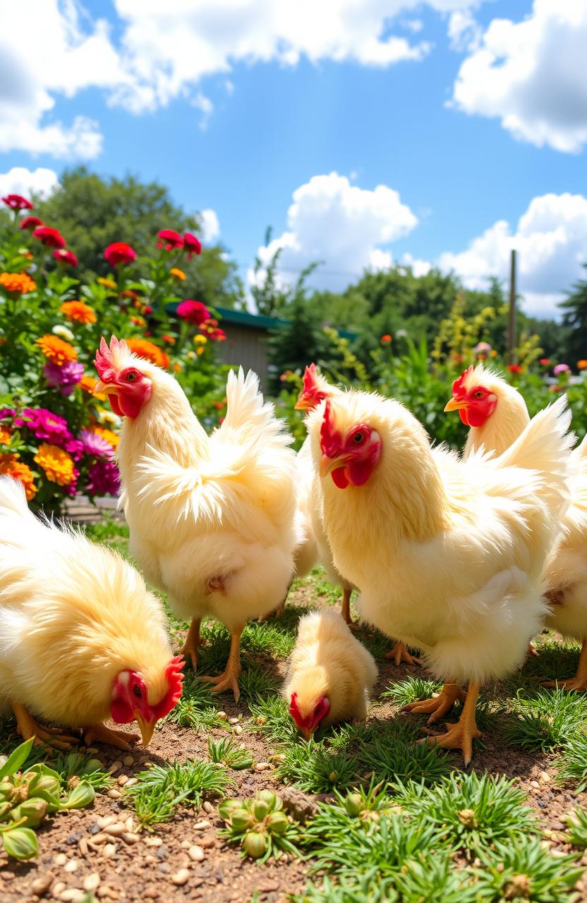 A group of Sally chickens, known for their unique fluffy feathers and playful demeanor, happily interacting in a sunny backyard filled with colorful flowers and lush greenery