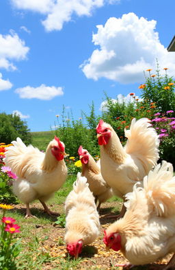 A group of Sally chickens, known for their unique fluffy feathers and playful demeanor, happily interacting in a sunny backyard filled with colorful flowers and lush greenery