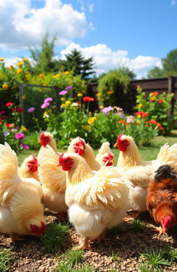 A group of Sally chickens, known for their unique fluffy feathers and playful demeanor, happily interacting in a sunny backyard filled with colorful flowers and lush greenery