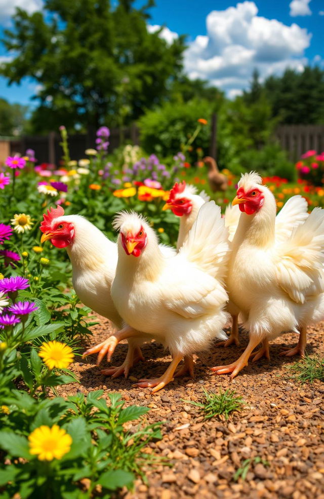 A group of Sally chickens, known for their unique fluffy feathers and playful demeanor, happily interacting in a sunny backyard filled with colorful flowers and lush greenery