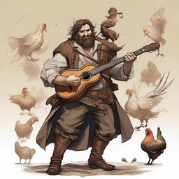 A high-quality illustration depicts a dirty vagrant bard in the midst of swordplay