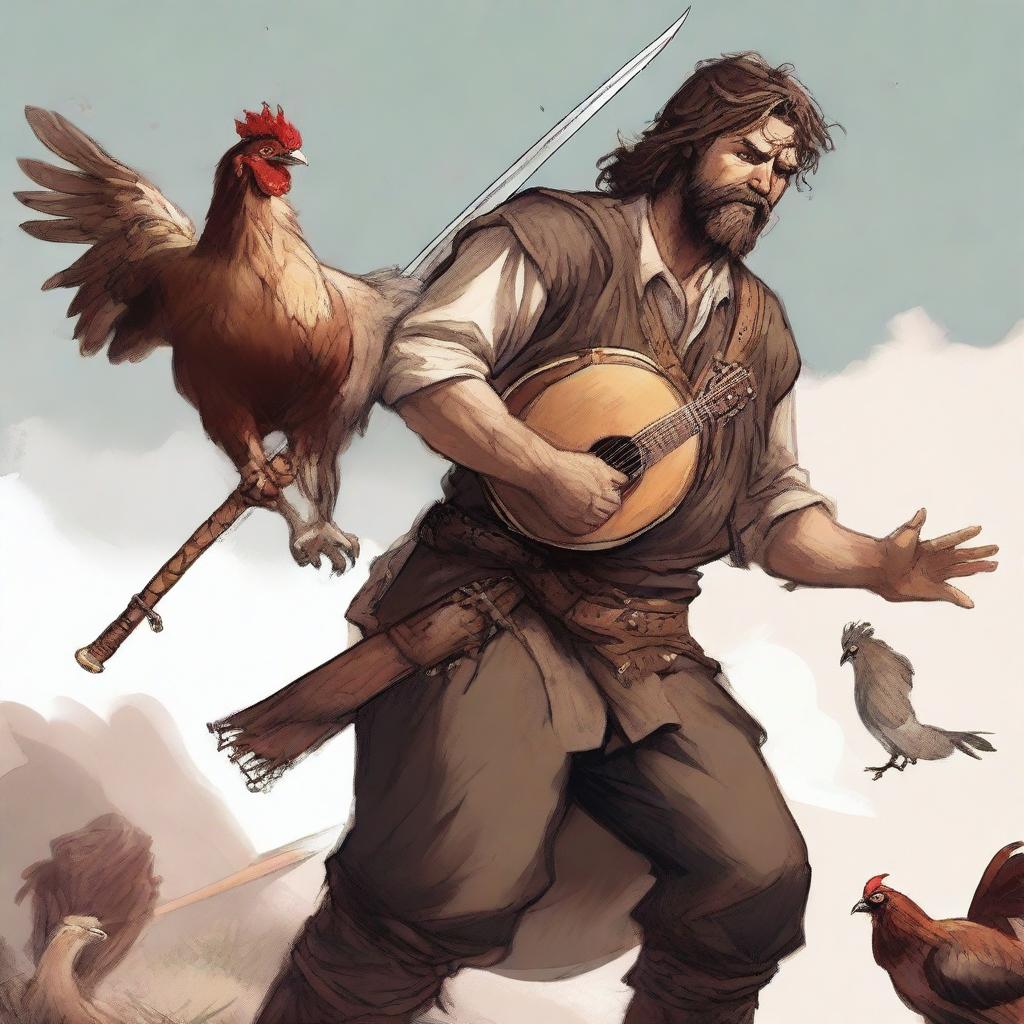 A high-quality illustration depicts a dirty vagrant bard in the midst of swordplay