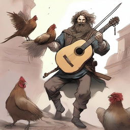 A high-quality illustration depicts a dirty vagrant bard in the midst of swordplay