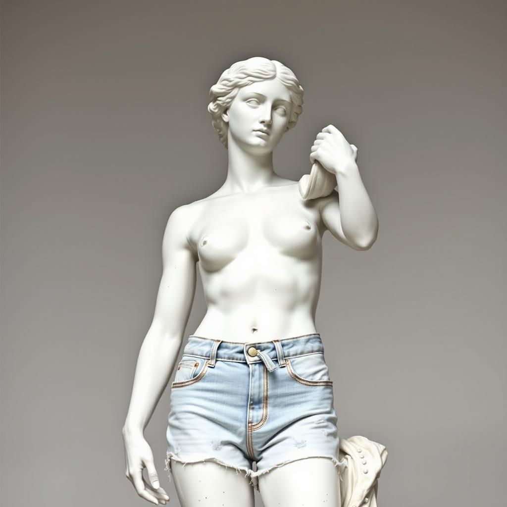 A modern interpretation of the Venus de Milo statue, featuring a white marble figure with classic sophistication