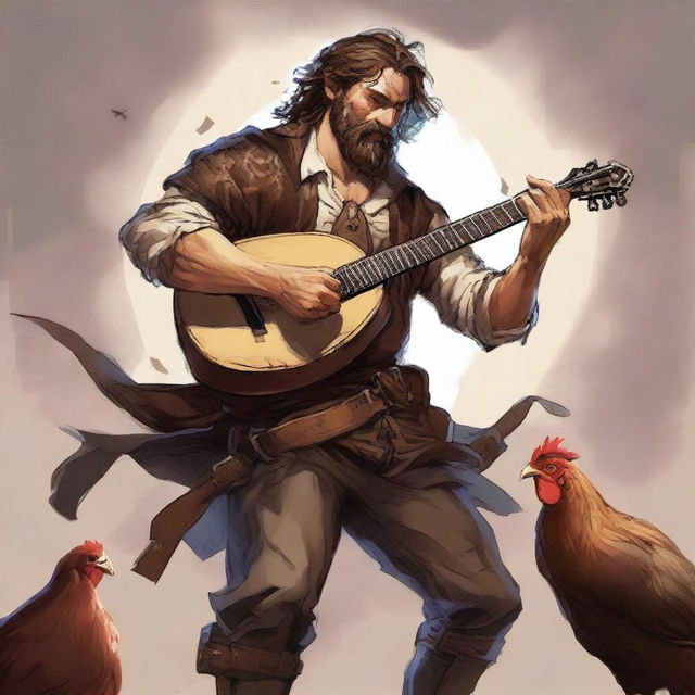 A high-quality illustration depicts a dirty vagrant bard in the midst of swordplay