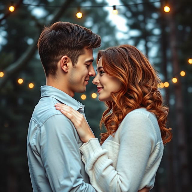 A beautiful romance book cover showcasing a couple embracing, their faces inches apart, moments away from sharing a kiss, all set against a serene backdrop of towering pine trees