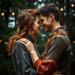 A beautiful romance book cover showcasing a couple embracing, their faces inches apart, moments away from sharing a kiss, all set against a serene backdrop of towering pine trees