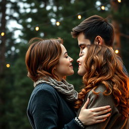 A beautiful romance book cover showcasing a couple embracing, their faces inches apart, moments away from sharing a kiss, all set against a serene backdrop of towering pine trees