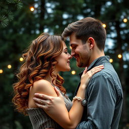 A beautiful romance book cover showcasing a couple embracing, their faces inches apart, moments away from sharing a kiss, all set against a serene backdrop of towering pine trees