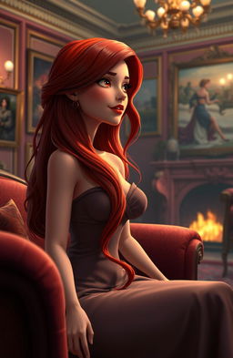 A beautifully designed mature animation scene featuring an elegant woman with long flowing red hair, wearing a tasteful yet alluring gown that accentuates her figure