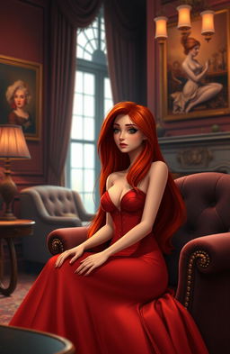 A beautifully designed mature animation scene featuring an elegant woman with long flowing red hair, wearing a tasteful yet alluring gown that accentuates her figure