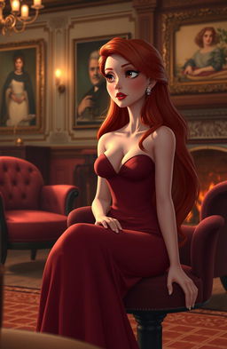 A beautifully designed mature animation scene featuring an elegant woman with long flowing red hair, wearing a tasteful yet alluring gown that accentuates her figure