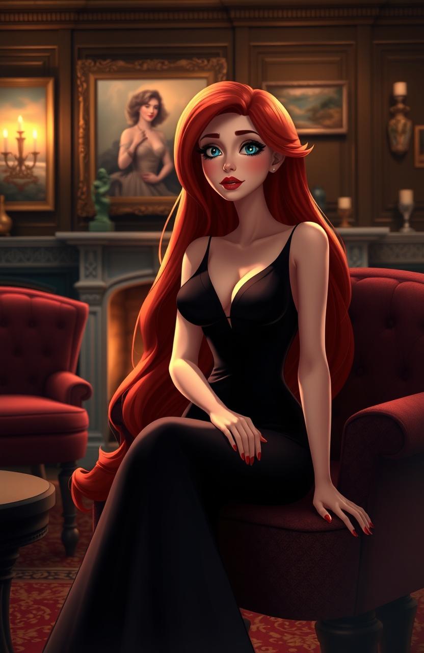 A beautifully designed mature animation scene featuring an elegant woman with long flowing red hair, wearing a tasteful yet alluring gown that accentuates her figure