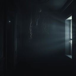 A dark and dusty foyer, filled with an eerie ambiance, featuring cobwebs hanging from the ceiling and a creaking door at the far end