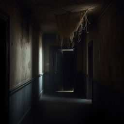 A dark and dusty foyer, filled with an eerie ambiance, featuring cobwebs hanging from the ceiling and a creaking door at the far end