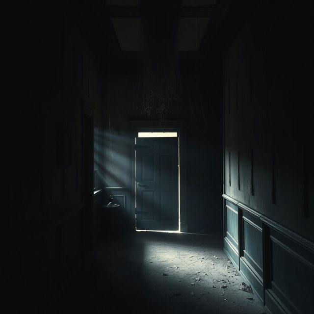 A dark and dusty foyer, filled with an eerie ambiance, featuring cobwebs hanging from the ceiling and a creaking door at the far end