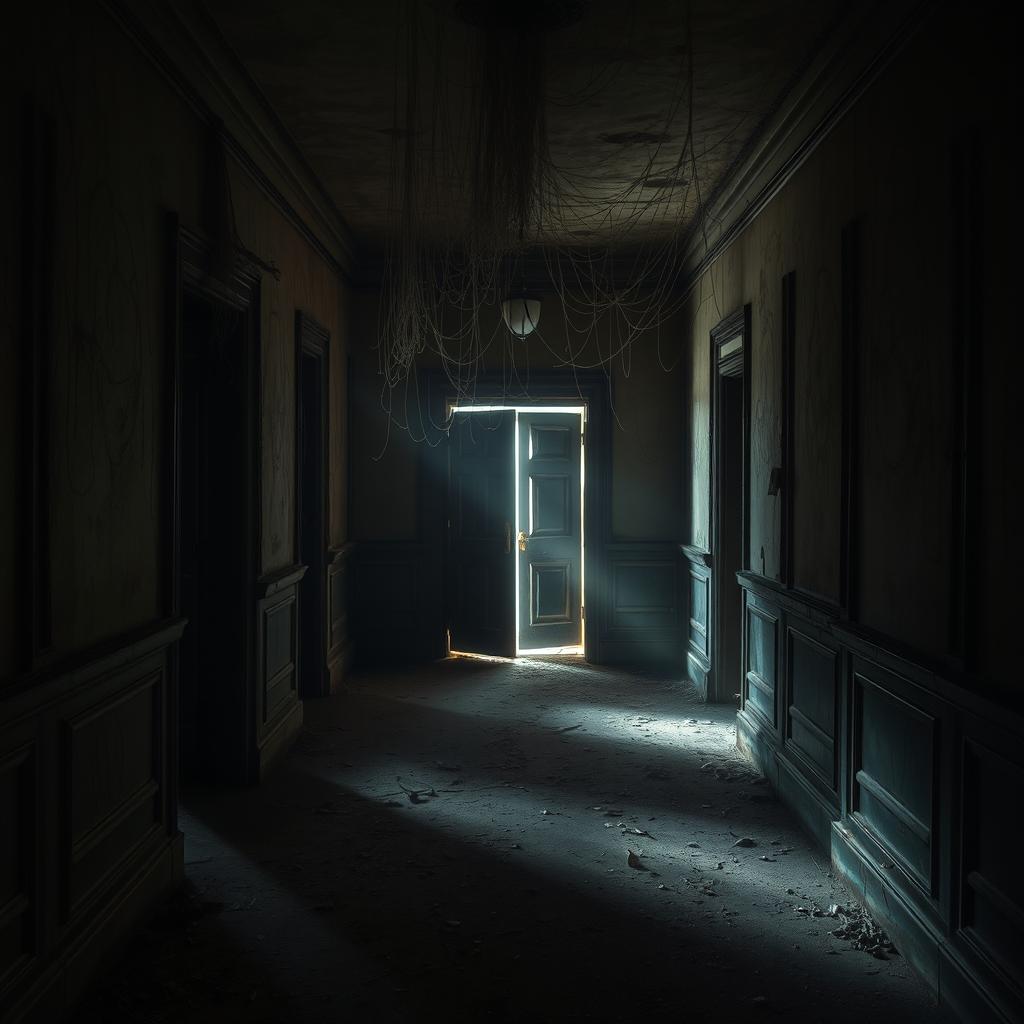 A dark and dusty foyer, filled with an eerie ambiance, featuring cobwebs hanging from the ceiling and a creaking door at the far end