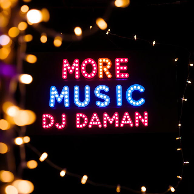 A vibrant and inviting sign that reads "MORE MUSIC DJ DAMAN" in bold, playful typography