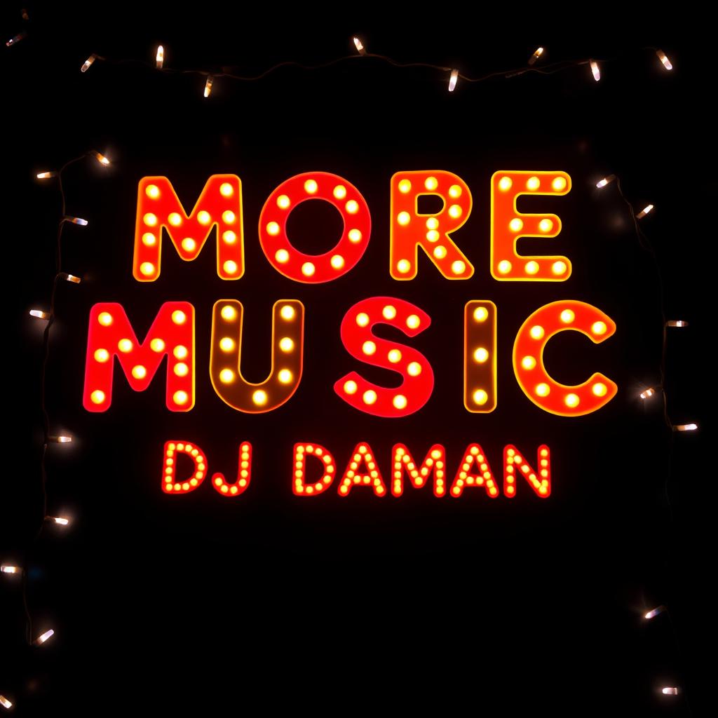 A vibrant and inviting sign that reads "MORE MUSIC DJ DAMAN" in bold, playful typography