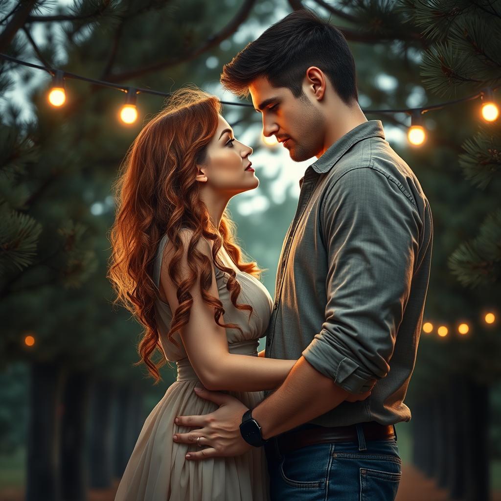 A captivating romance book cover showcasing a couple embracing, their faces inches apart, just about to share a tender kiss under a serene canopy of pine trees
