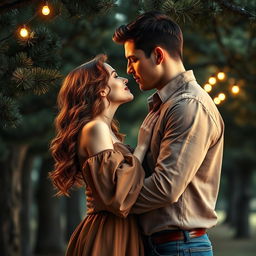 A captivating romance book cover showcasing a couple embracing, their faces inches apart, just about to share a tender kiss under a serene canopy of pine trees