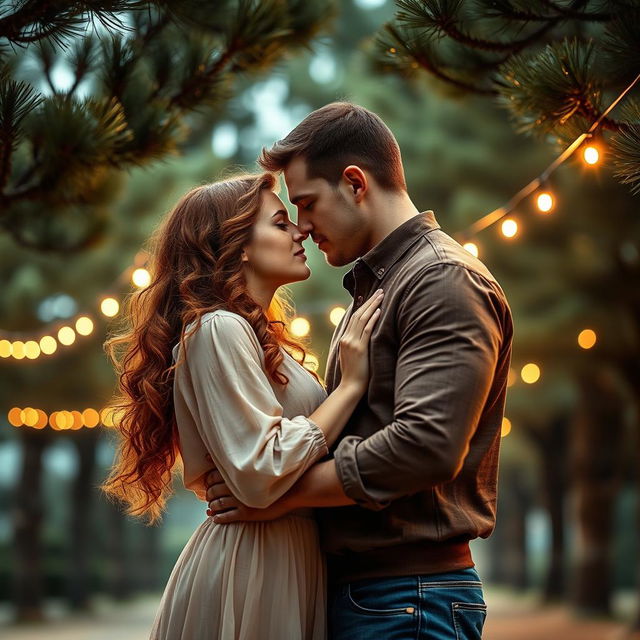 A captivating romance book cover showcasing a couple embracing, their faces inches apart, just about to share a tender kiss under a serene canopy of pine trees