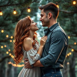A captivating romance book cover showcasing a couple embracing, their faces inches apart, just about to share a tender kiss under a serene canopy of pine trees