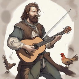 A detailed, high-quality illustration reveals a dirty vagrant bard in the midst of swordplay