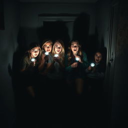 A group of four friends in a dark room, holding flashlights with expressions of fear and curiosity on their faces
