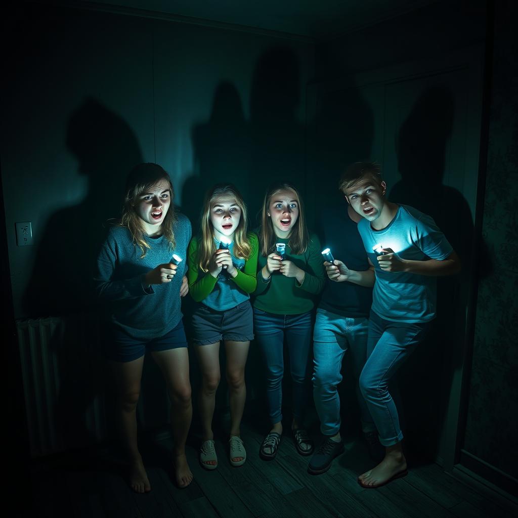 A group of four friends in a dark room, holding flashlights with expressions of fear and curiosity on their faces