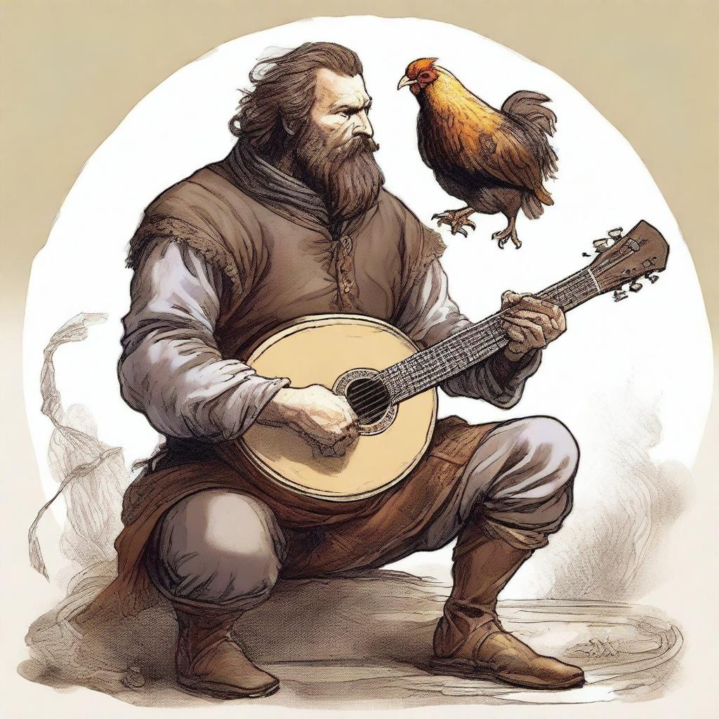 A detailed, high-quality illustration reveals a dirty vagrant bard in the midst of swordplay