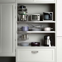 A meticulously organized kitchen cabinet or console, equipped with drawers and storage compartments filled with cutlery and dishes. Atop the cabinet rests a microwave and various other essential kitchen appliances.