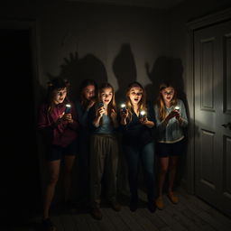 A group of four friends in a dark room, holding flashlights with expressions of fear and curiosity on their faces