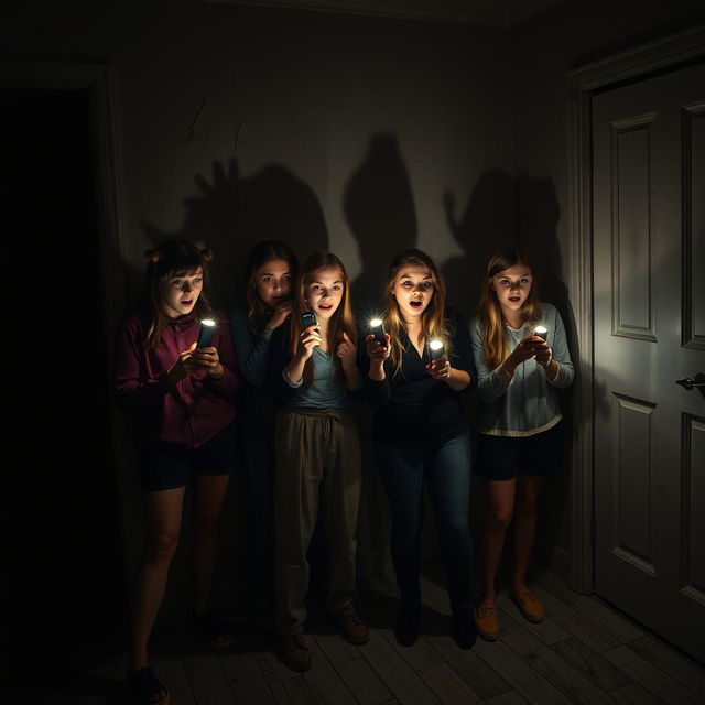 A group of four friends in a dark room, holding flashlights with expressions of fear and curiosity on their faces