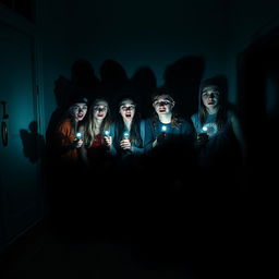 A group of four friends in a dark room, holding flashlights with expressions of fear and curiosity on their faces