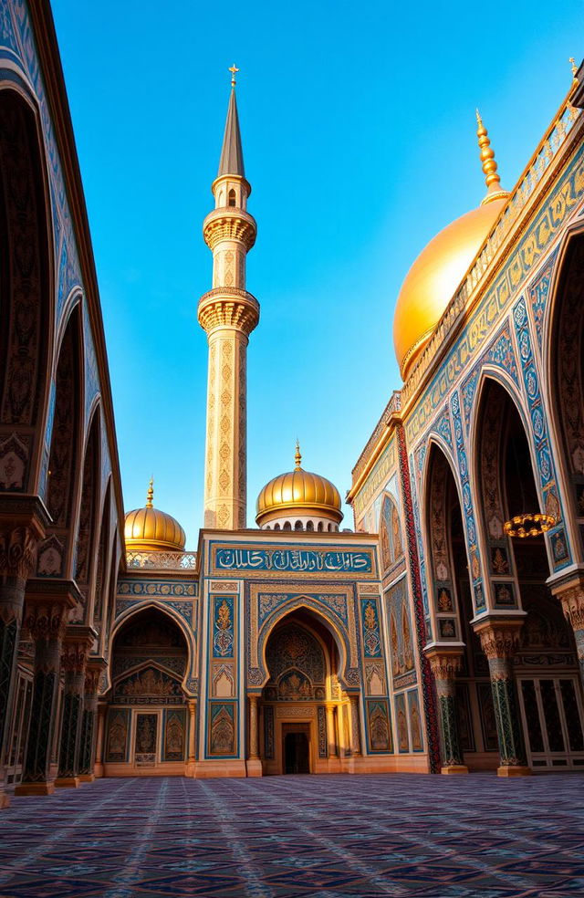 A beautifully intricate Islamic geometric pattern, rich in color with vibrant blues and golds, featuring arabesque motifs and calligraphy, set against a backdrop of an ornate mosque with tall minarets and a golden dome, detailed interior showcasing arabesque designs on walls and ceilings, illuminated by soft, warm lighting