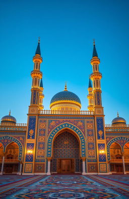 A beautifully intricate Islamic geometric pattern, rich in color with vibrant blues and golds, featuring arabesque motifs and calligraphy, set against a backdrop of an ornate mosque with tall minarets and a golden dome, detailed interior showcasing arabesque designs on walls and ceilings, illuminated by soft, warm lighting