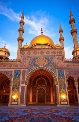 A beautifully intricate Islamic geometric pattern, rich in color with vibrant blues and golds, featuring arabesque motifs and calligraphy, set against a backdrop of an ornate mosque with tall minarets and a golden dome, detailed interior showcasing arabesque designs on walls and ceilings, illuminated by soft, warm lighting