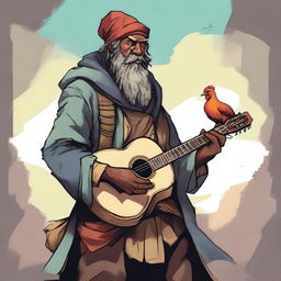 An expertly crafted comic illustration of a homeless bard from a fantasy DND setting