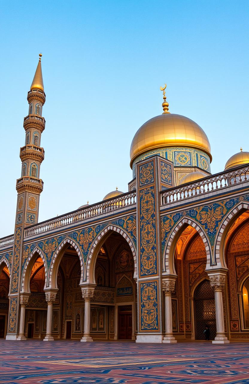 A beautifully intricate Islamic geometric pattern, rich in color with vibrant blues and golds, featuring arabesque motifs and calligraphy, set against a backdrop of an ornate mosque with tall minarets and a golden dome, detailed interior showcasing arabesque designs on walls and ceilings, illuminated by soft, warm lighting